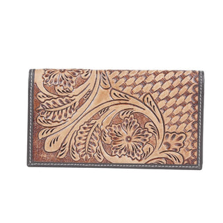 A Pixie Embroidered Leather Wallet by Western Edge Boutique featuring intricate floral and woven patterns embossed on its brown leather surface. The wallet has white stitching along the edges, creating a rustic and detailed design.