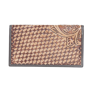 A rectangular Pixie Embroidered Leather Wallet from Western Edge Boutique featuring a woven texture pattern and floral embossing on the upper right corner. The main colors are tan and brown, with gray borders and white stitching along the edges.