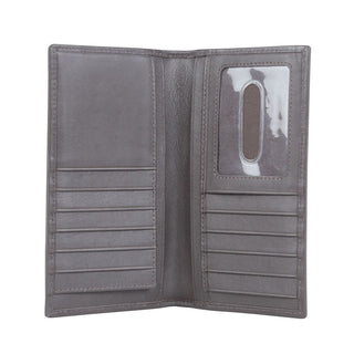 A sleek, open Pixie Embroidered Leather Wallet from Western Edge Boutique in gray leather, featuring multiple card slots on both sides and a clear ID window on the right side. The embroidered wallet is empty and positioned against a plain white background.