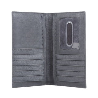 The Knox Men's Vintage Wallet by Western Edge Boutique is open, showcasing slots for cards on both sides. The right side features an ID window at the top. The interior material appears textured, and the wallet's overall design is sleek and minimalist, making it perfect for those seeking a stylish men's wallet with a vintage touch.