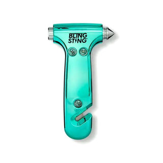 The Emergency Escape Hammer by BLINGSTING is a turquoise emergency tool featuring a high-quality carbide tip at the top for breaking glass and a hook at the base for cutting seat belts. Designed by a women’s personal safety brand, this tool is intended for emergencies, such as car accidents, to help ensure a swift escape.