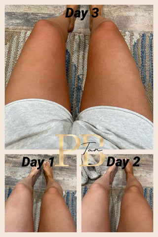 A collage of three images illustrates a person's legs evolving over three days using Western Edge Boutique's Self Tanner Mousse - Dark. On Day 1, the skin appears light-colored, Day 2 shows a medium tan, and by Day 3, there's a rich natural glow. The person is wearing gray shorts on a textured rug.