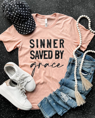 Sinner Saved By Grace Peach Graphic Tee