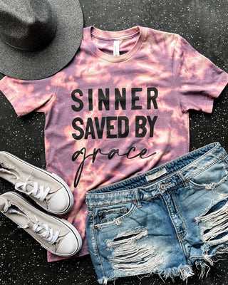 Sinner Saved by Grace Bleached Graphic Tee