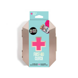 A metallic rose gold first-aid clutch kit with a pink cross on the front, designed by the renowned women's safety brand BLINGSTING. The packaging, labeled "Emergency First Aid Clutch," boasts "75 first-aid rescue supplies." Perfect as a travel case, it features another pink cross and "FIRST-AID CLUTCH" on top.