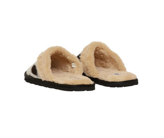 The Montana House Slipper from Western Edge Boutique is a pair of snug slip-on mules featuring a light beige, plush interior and black soles. These cozy, open-back slippers showcase a playful cowhide pattern on the exterior, adding a charming touch while maintaining their feathery texture.